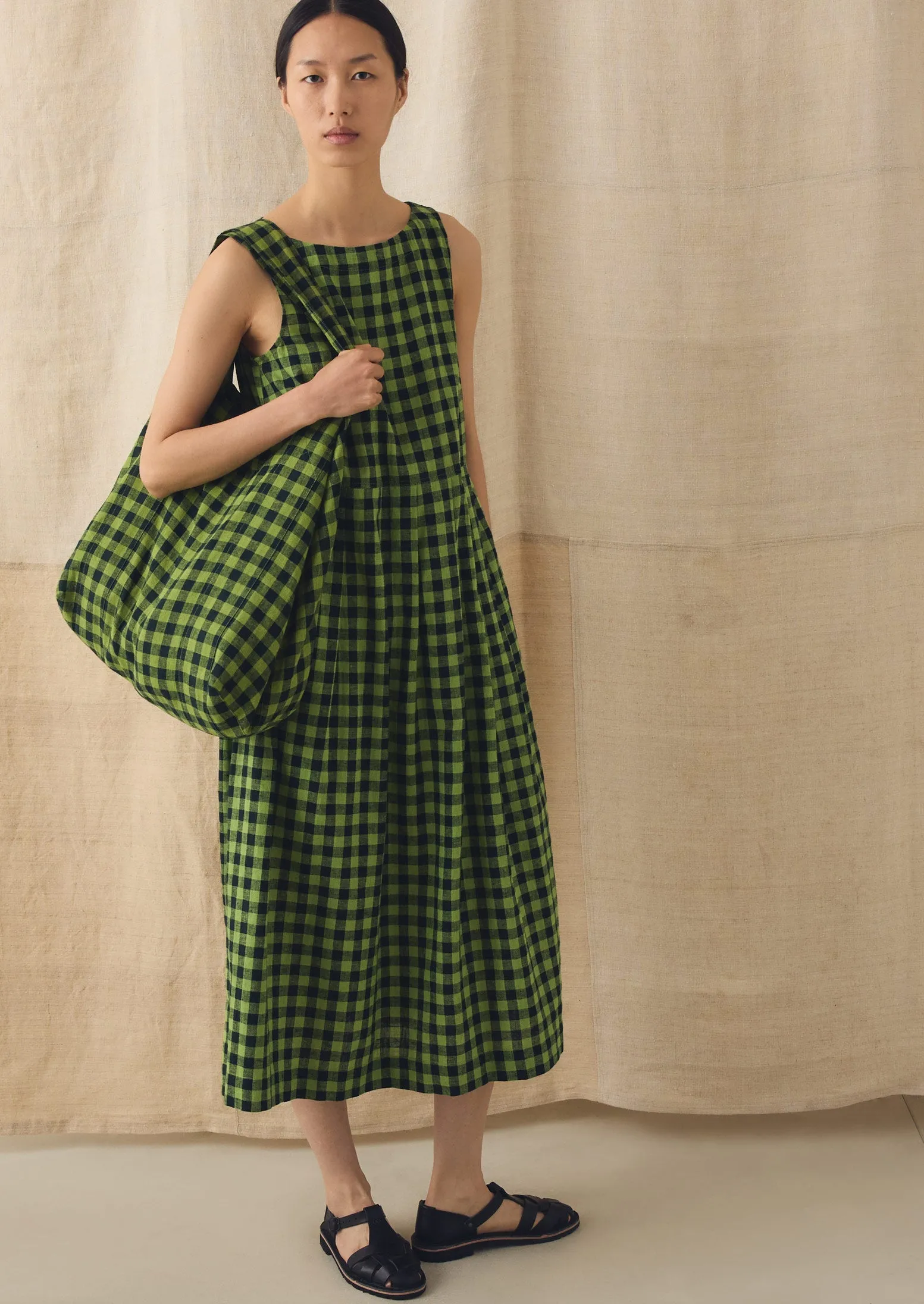 Aila Linen Cotton Gingham Check Dress | Beetle Green sold by TOAST product image thumbnail 2