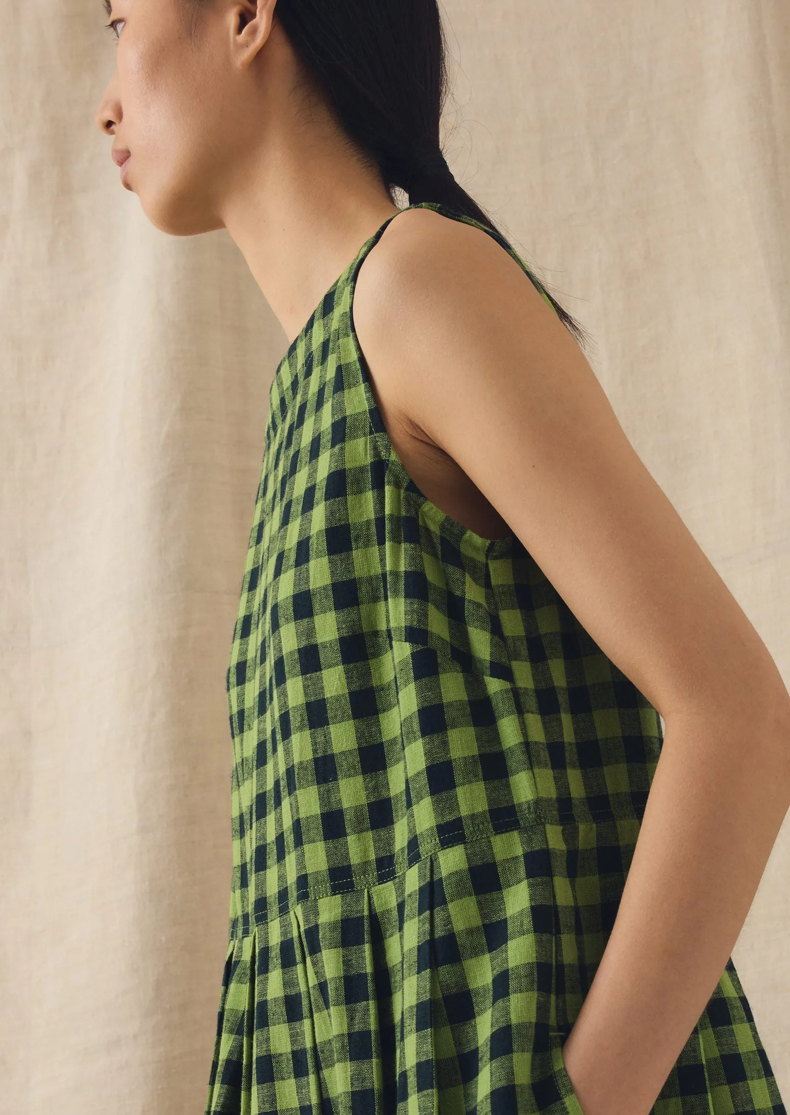 Aila Linen Cotton Gingham Check Dress | Beetle Green sold by TOAST product image thumbnail 3