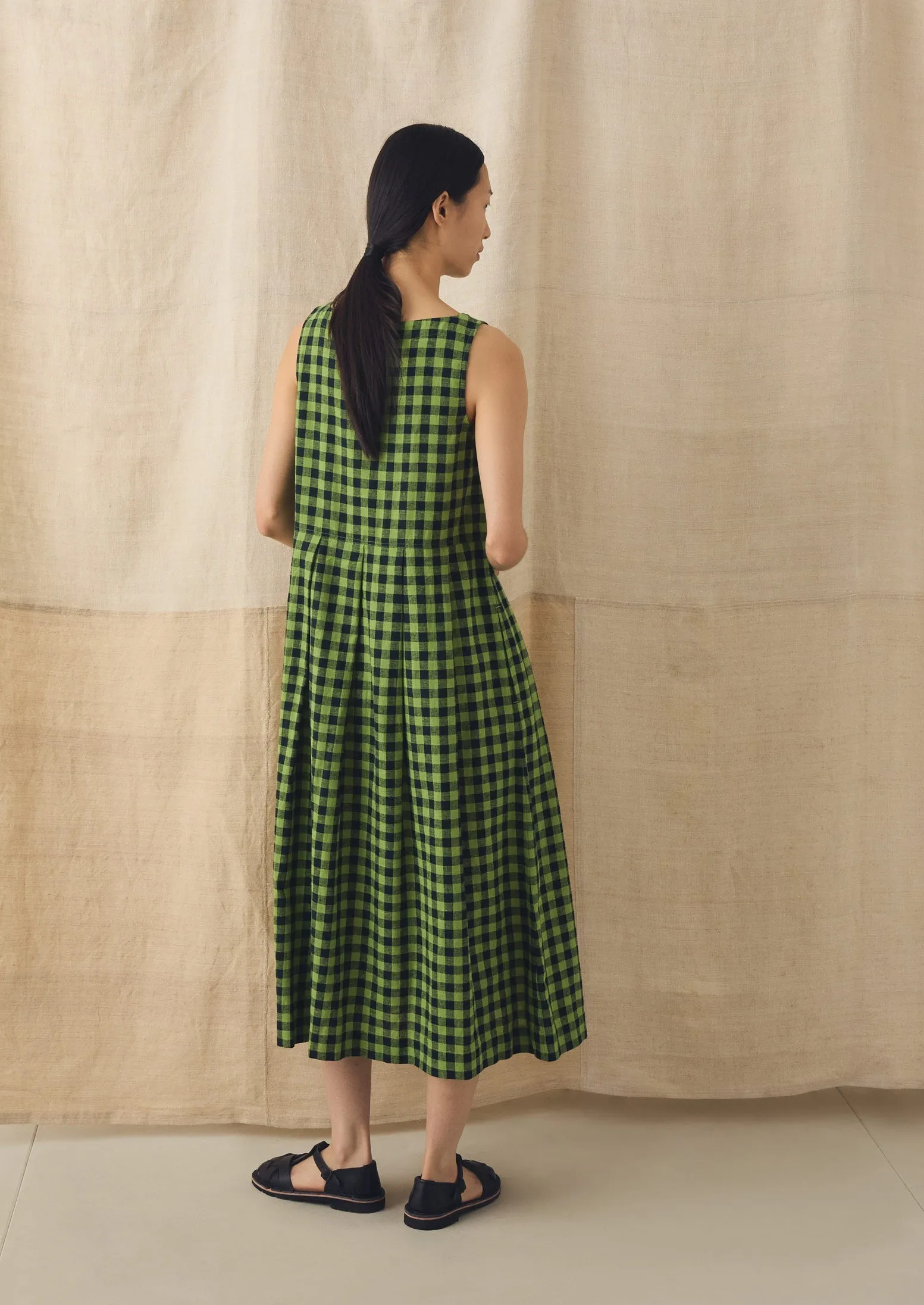Aila Linen Cotton Gingham Check Dress | Beetle Green sold by TOAST product image thumbnail 4