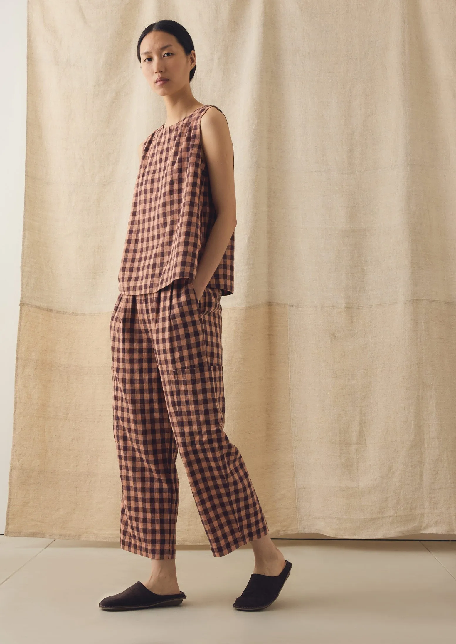 Gingham Linen Cotton Patch Pocket Trousers | Rosewood sold by TOAST product image thumbnail 2