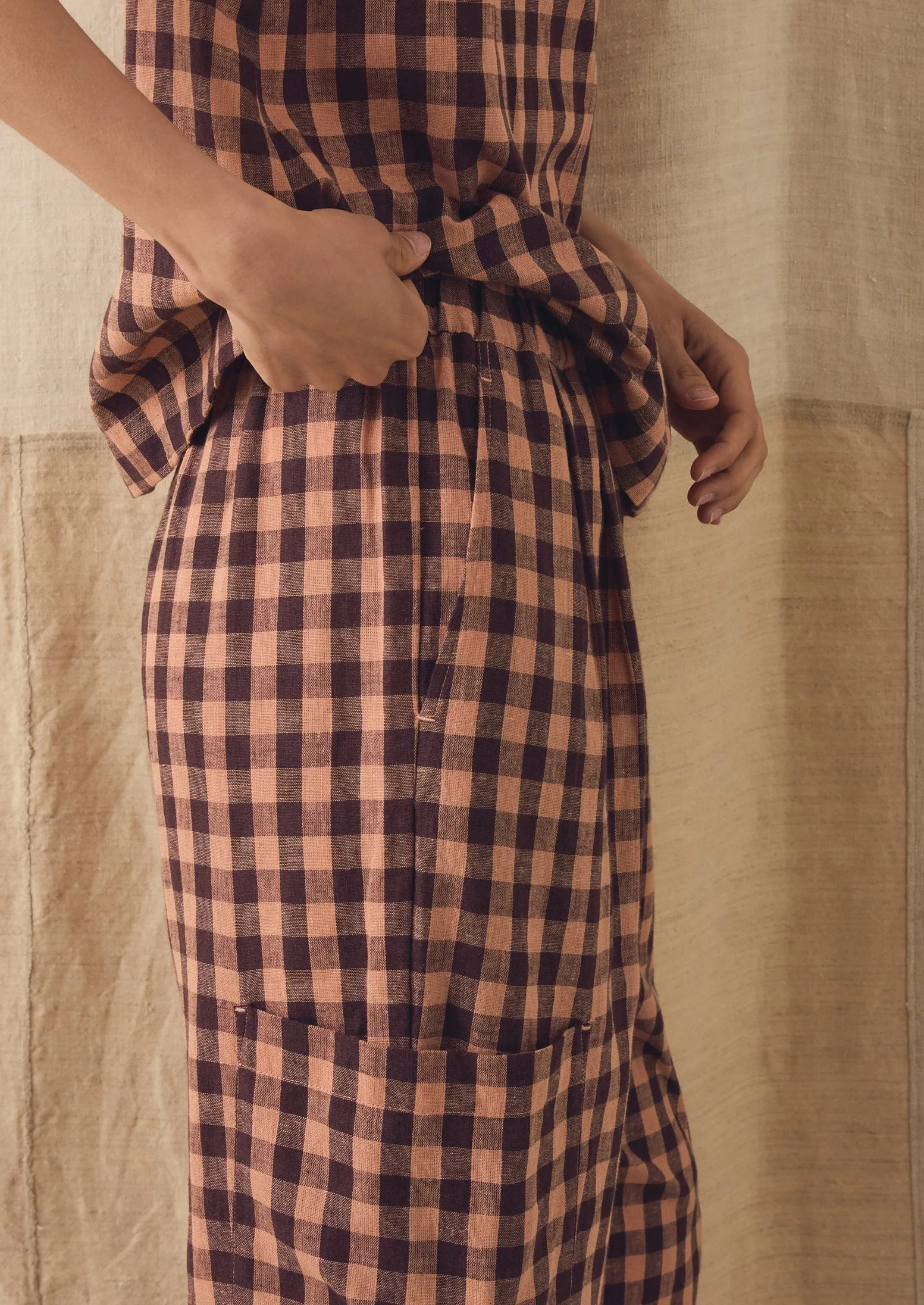 Gingham Linen Cotton Patch Pocket Trousers | Rosewood sold by TOAST product image thumbnail 3