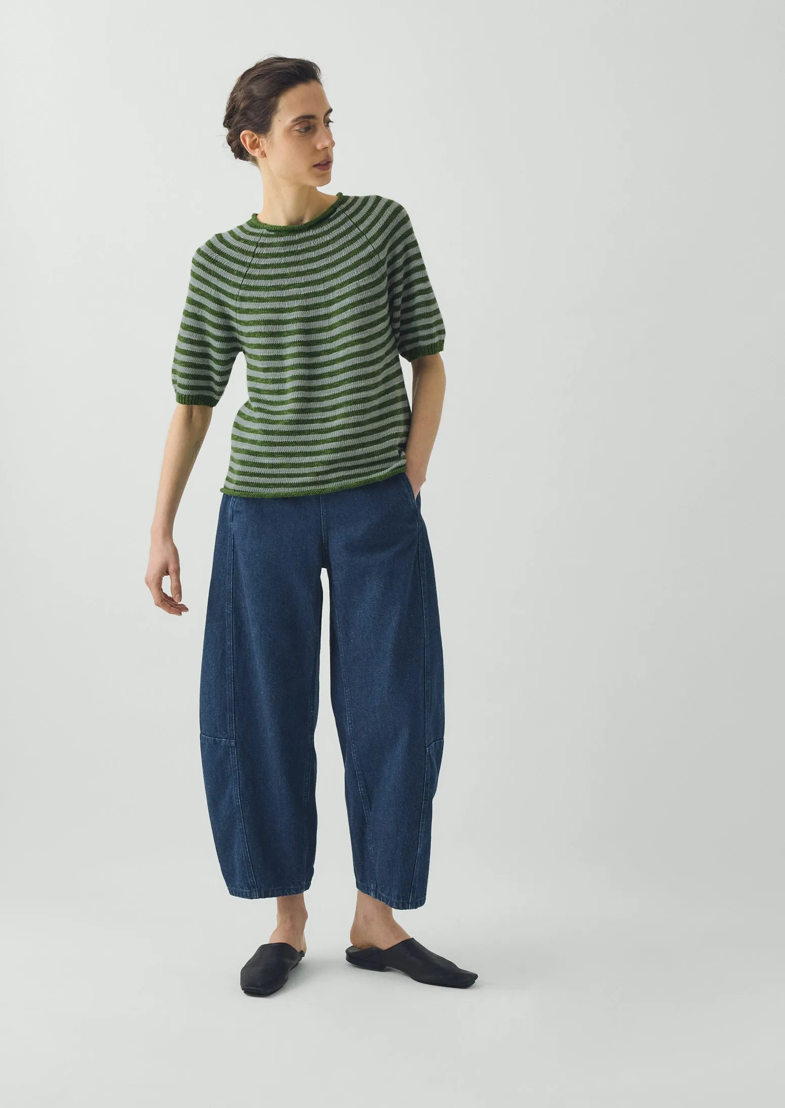 Stripe Linen Cotton Knitted Tee | Croft Green/Egg Shell sold by TOAST product image thumbnail 5