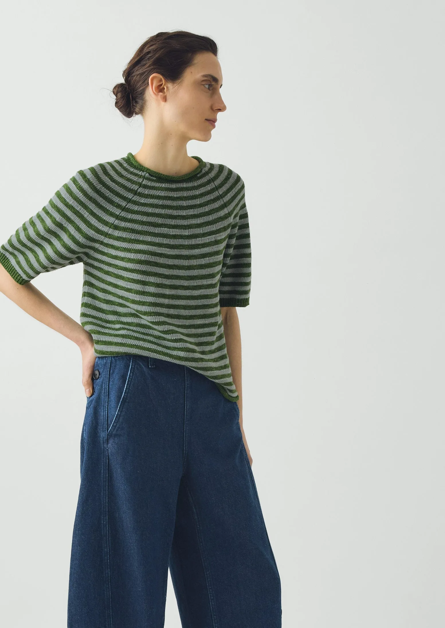 Stripe Linen Cotton Knitted Tee | Croft Green/Egg Shell sold by TOAST product image thumbnail 2