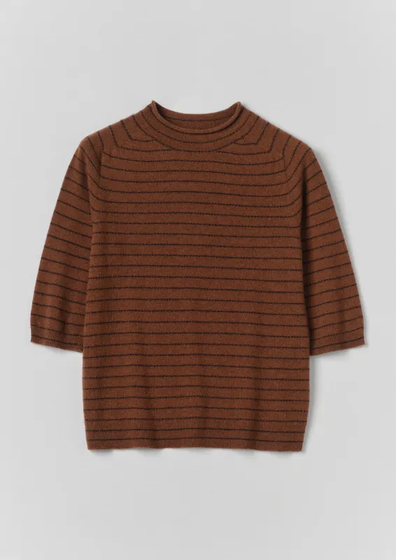 Fine Stripe Wool Cashmere Half Sleeve Sweater | Russet/Brown made by TOAST