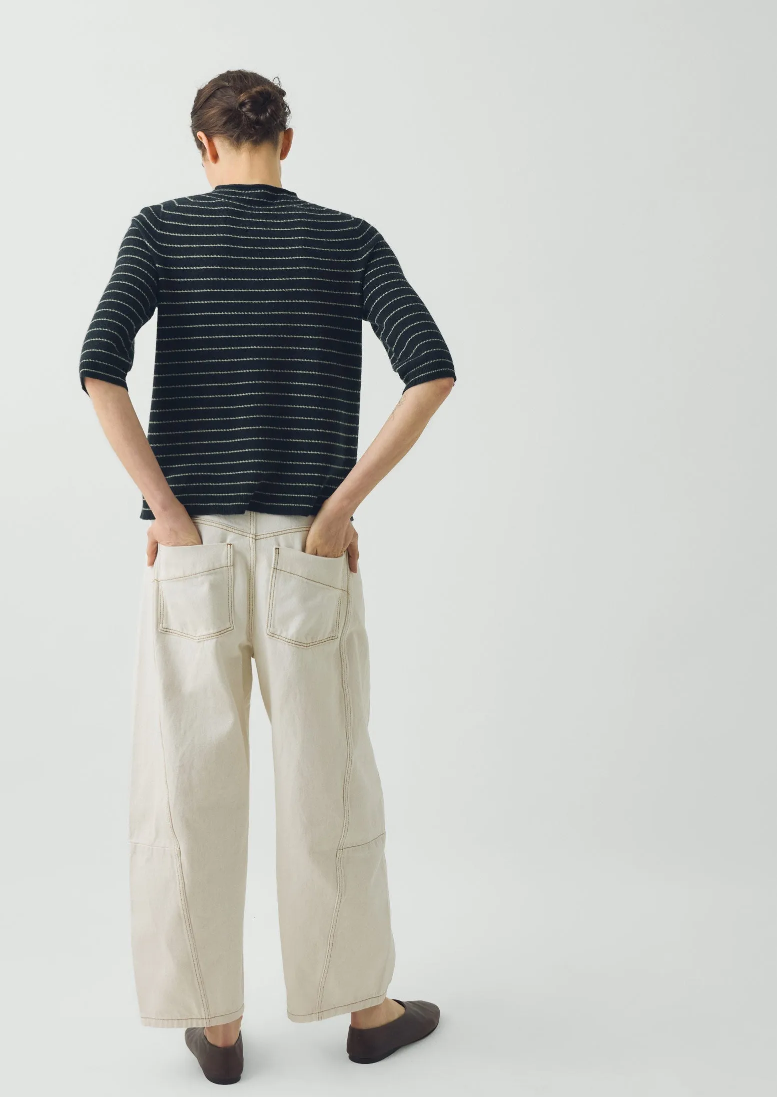 Fine Stripe Wool Cashmere Half Sleeve Sweater | Navy/Camel sold by TOAST product image thumbnail 4