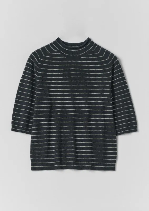 Fine Stripe Wool Cashmere Half Sleeve Sweater | Navy/Camel made by TOAST