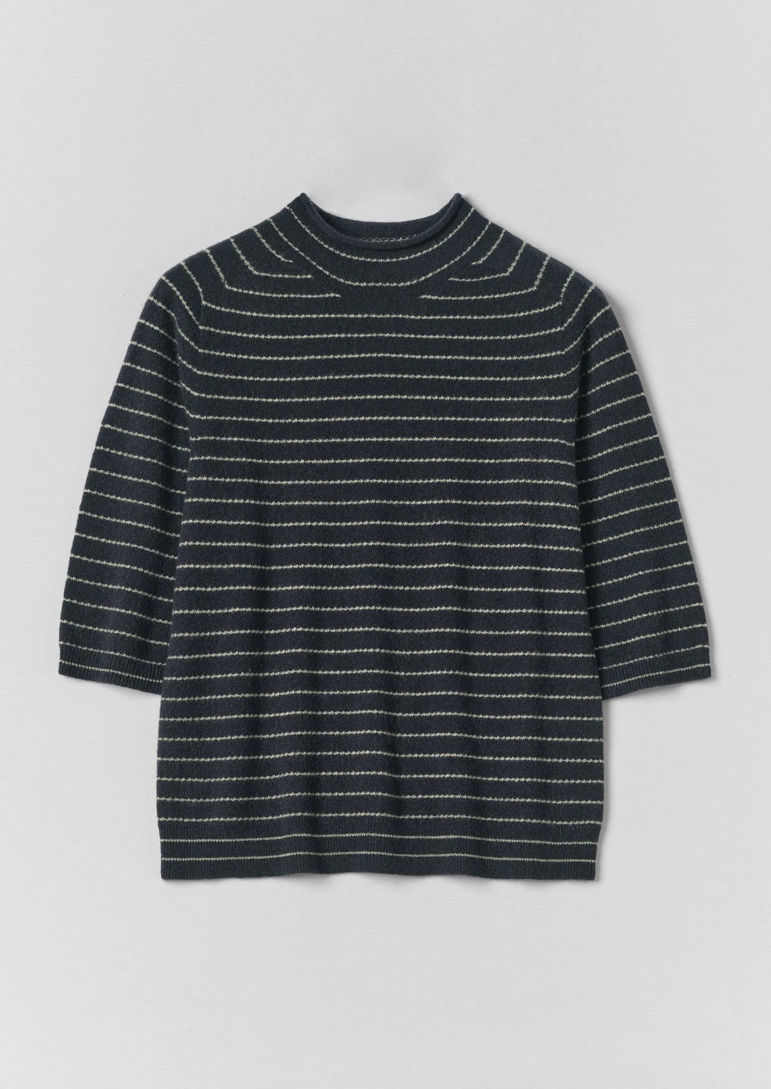 Fine Stripe Wool Cashmere Half Sleeve Sweater | Navy/Camel sold by TOAST