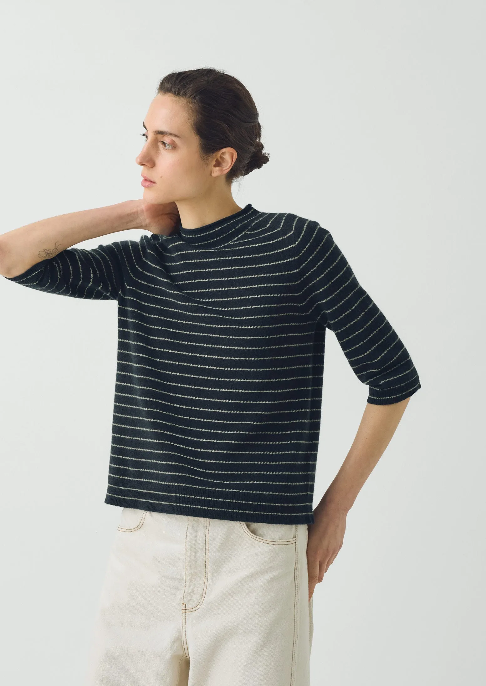 Fine Stripe Wool Cashmere Half Sleeve Sweater | Navy/Camel sold by TOAST product image thumbnail 2