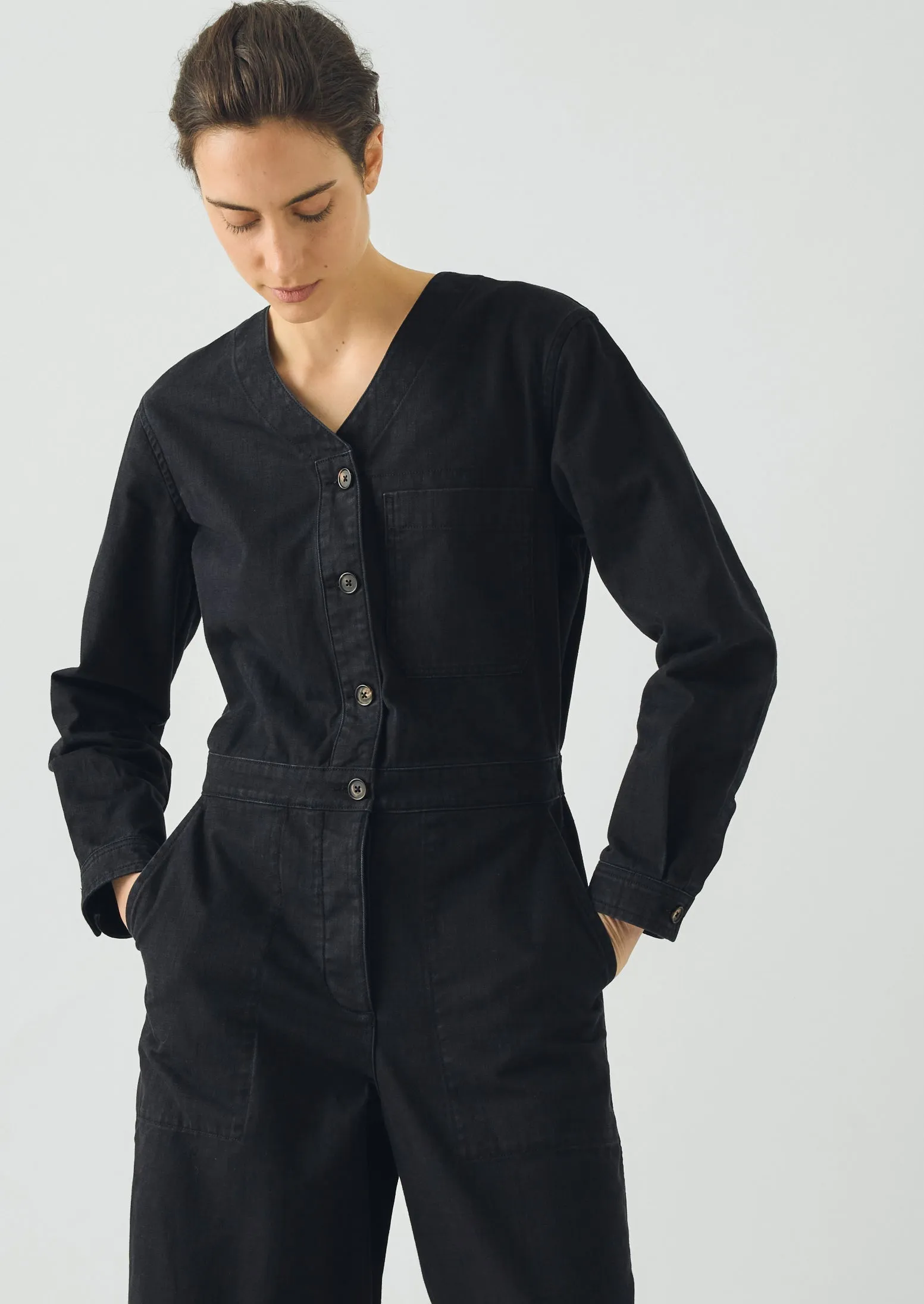 V Neck Cotton Twill Workwear Jumpsuit | Blue Black sold by TOAST product image thumbnail 4