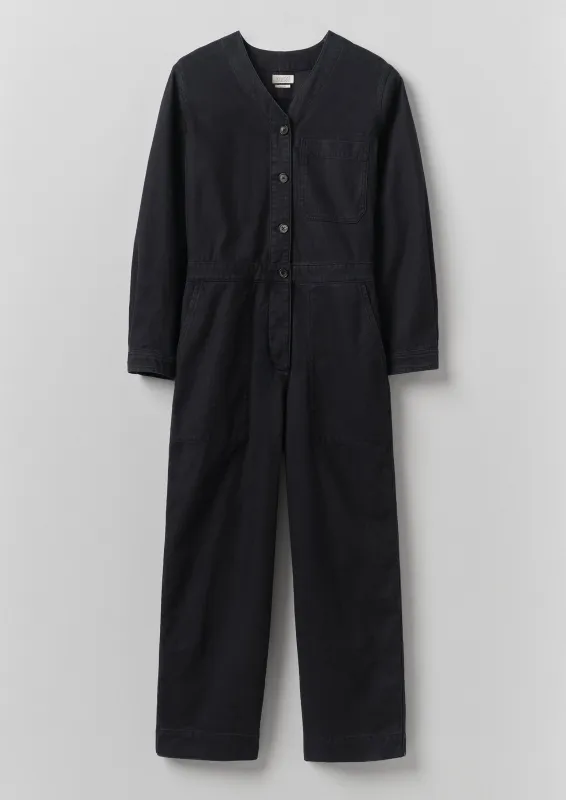 V Neck Cotton Twill Workwear Jumpsuit | Blue Black made by TOAST