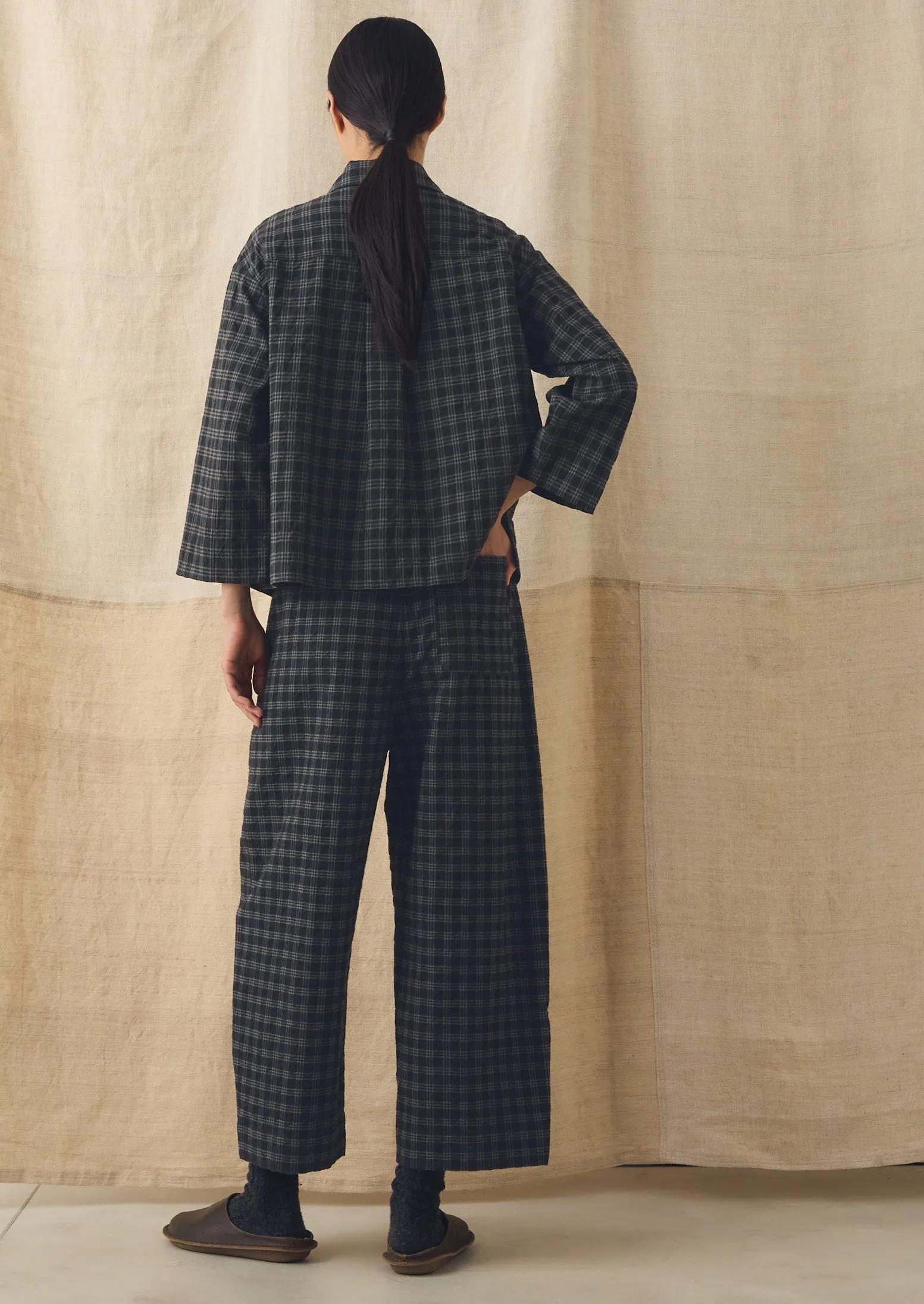 Check Cotton Wool Barrel Leg Trousers | Dark Charcoal/Black sold by TOAST product image thumbnail 3