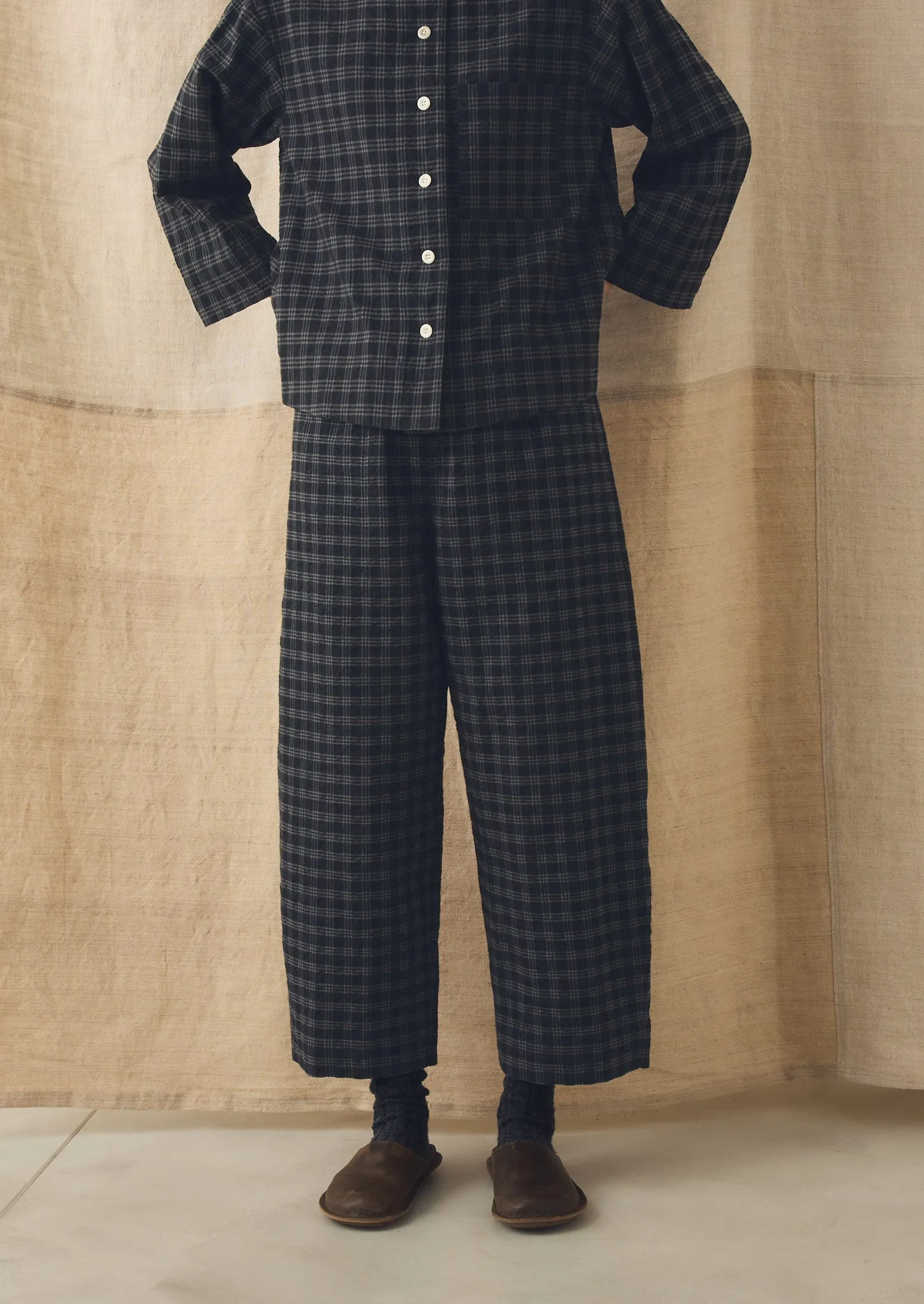 Check Cotton Wool Barrel Leg Trousers | Dark Charcoal/Black sold by TOAST product image thumbnail 5