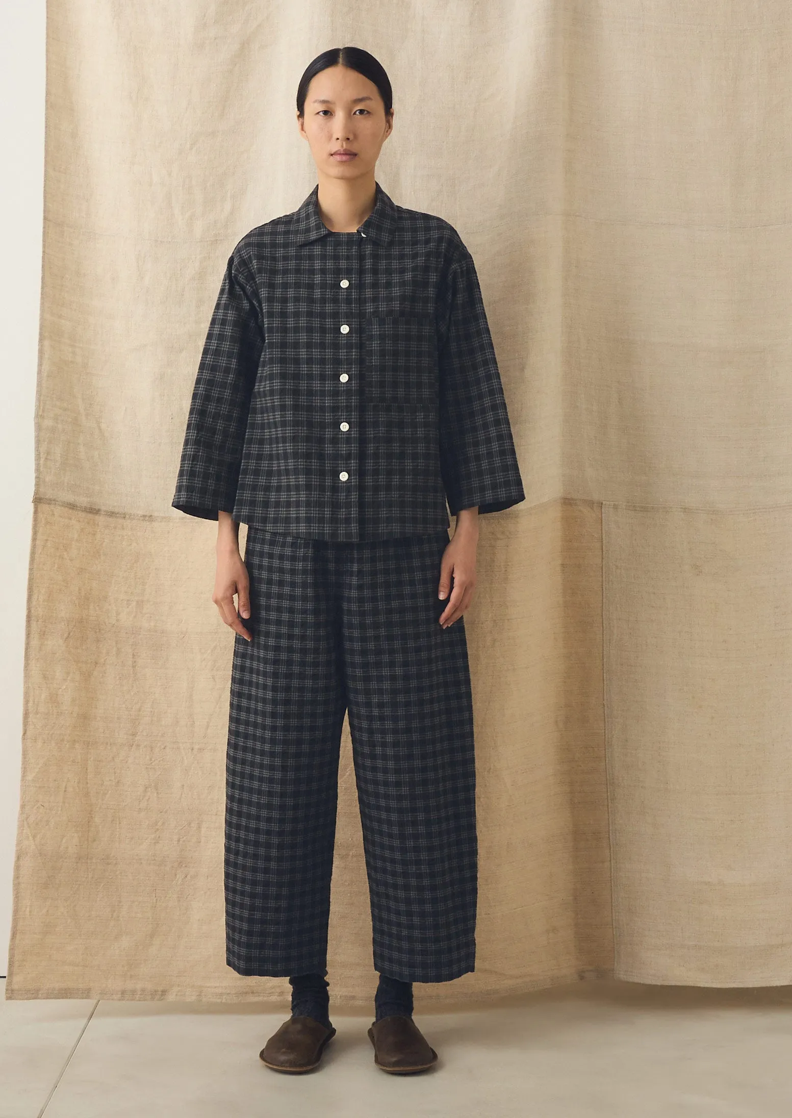 Check Cotton Wool Barrel Leg Trousers | Dark Charcoal/Black sold by TOAST product image thumbnail 2