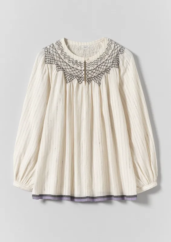 Smocked Neck Cotton Silk Mulmul Top | Ecru Multi made by TOAST