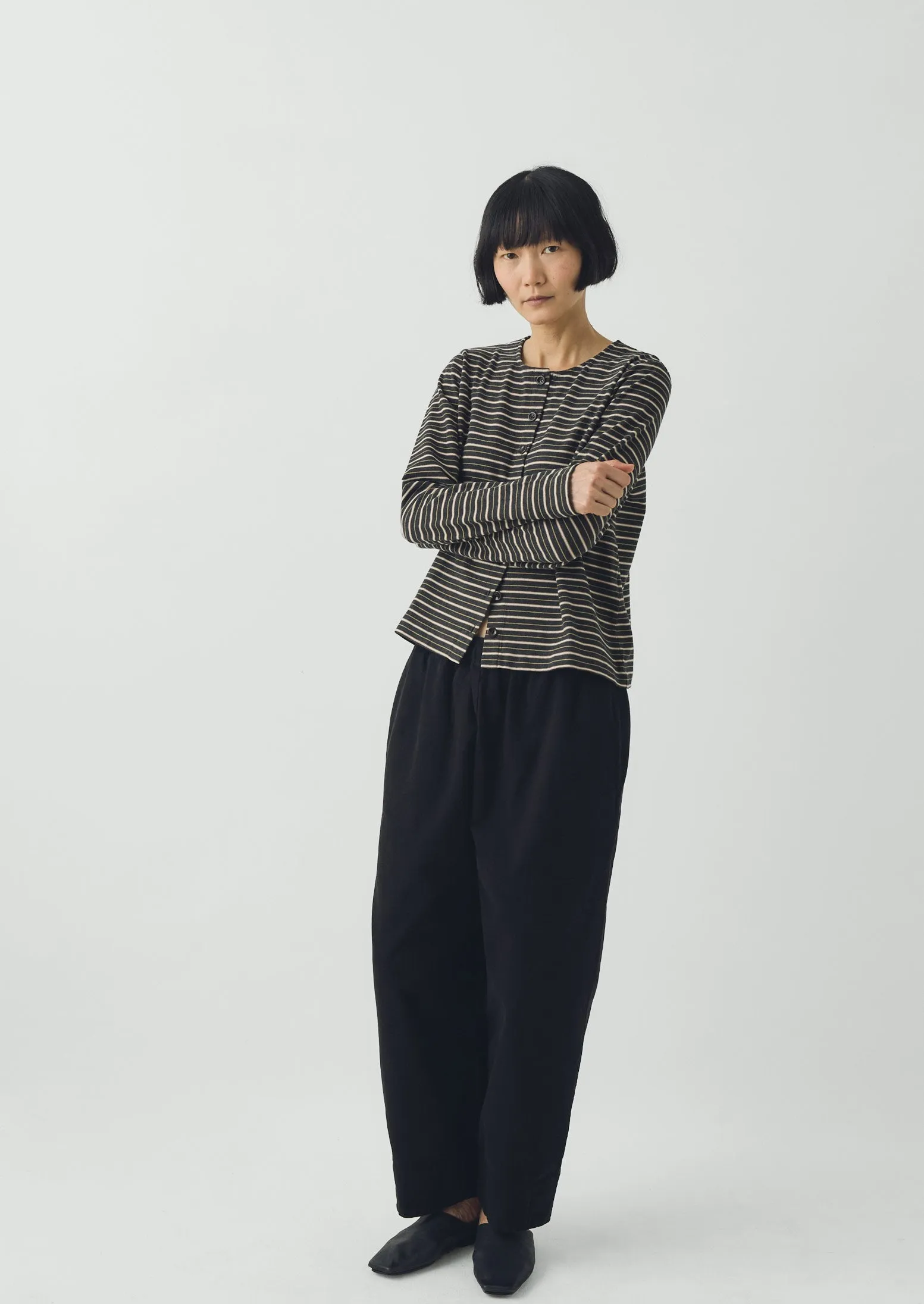 Stripe Button Through Cotton Jersey Tee | Charcoal Multi sold by TOAST product image thumbnail 4