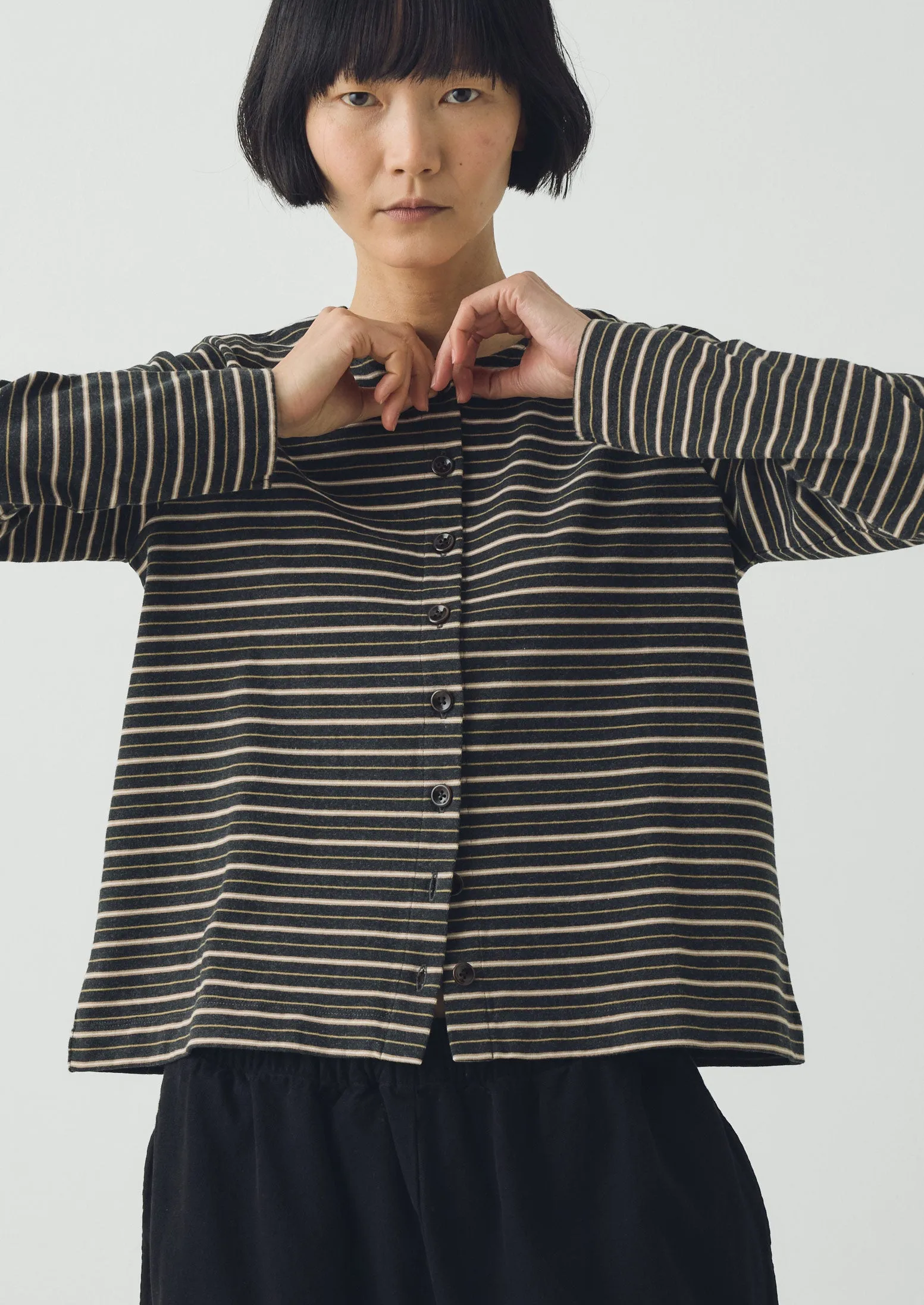 Stripe Button Through Cotton Jersey Tee | Charcoal Multi sold by TOAST product image thumbnail 2