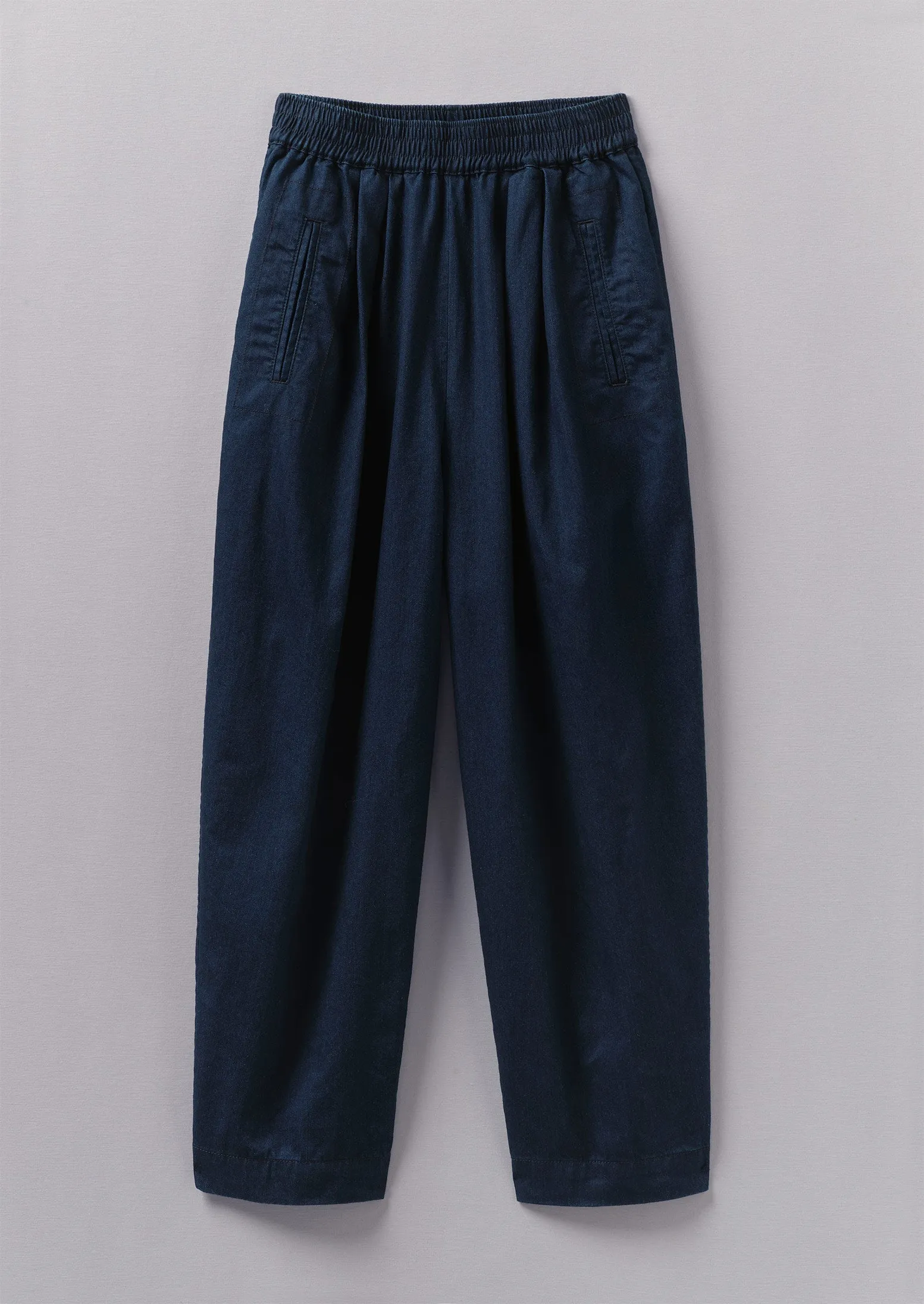 Indigo Cotton Twill Barrel Leg Trousers | Indigo sold by TOAST