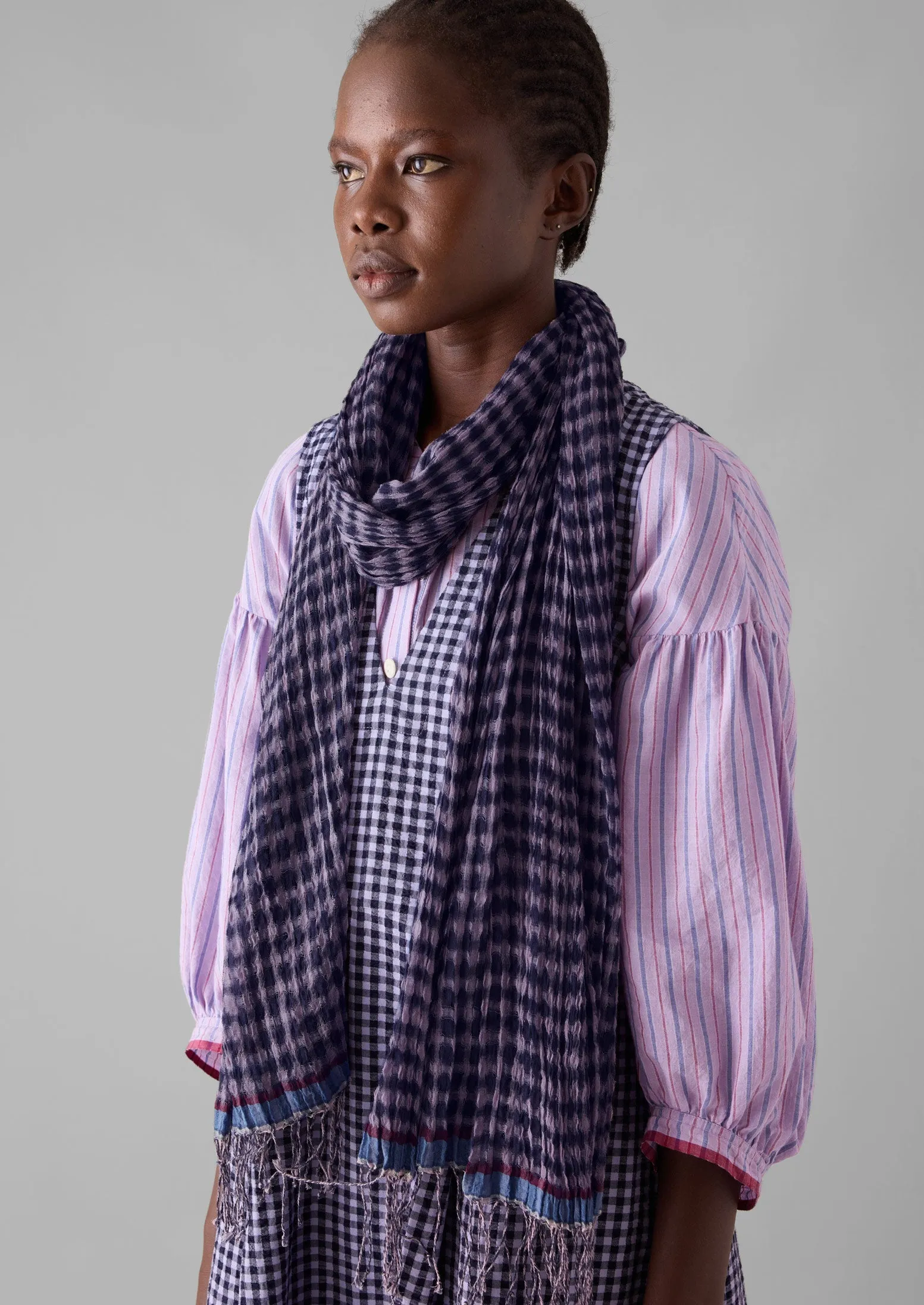 Gingham Hand Woven Scarf | Navy/Lilac sold by TOAST product image thumbnail 3