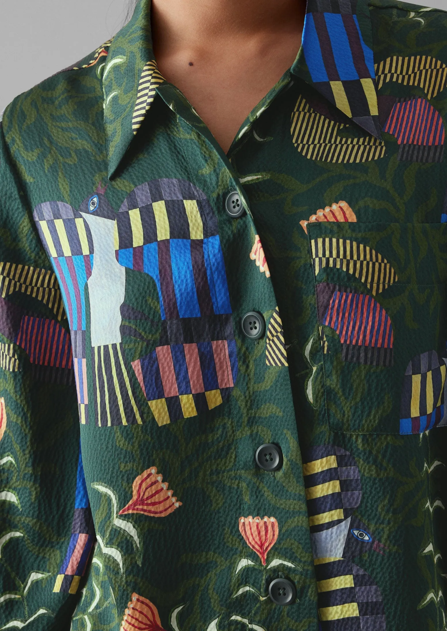 Isobel Harvey Birds Print Baya Shirt | Oil Green sold by TOAST product image thumbnail 4