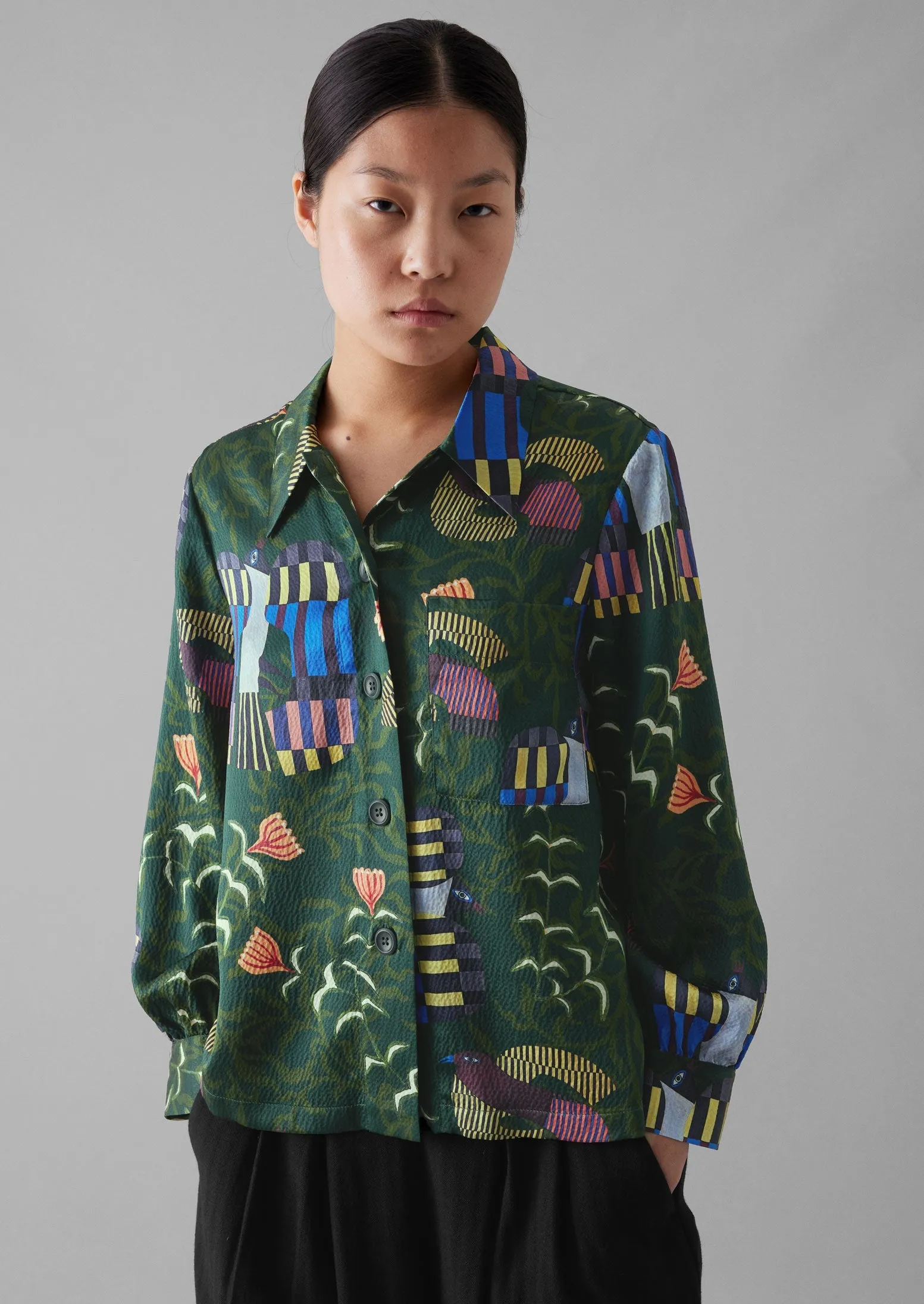 Isobel Harvey Birds Print Baya Shirt | Oil Green sold by TOAST product image thumbnail 5
