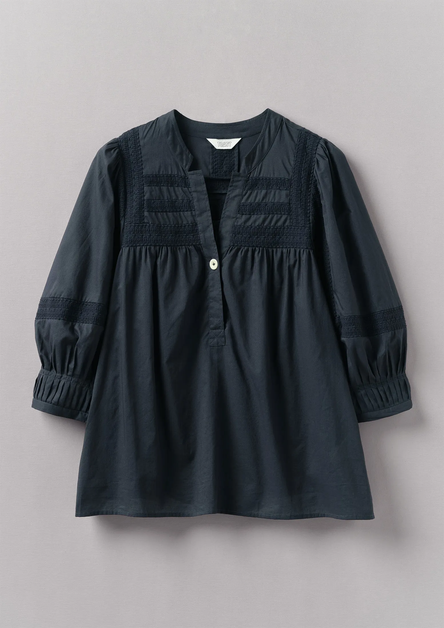 Gathered Sleeve Embroidered Cotton Shirt | Slate Navy sold by TOAST