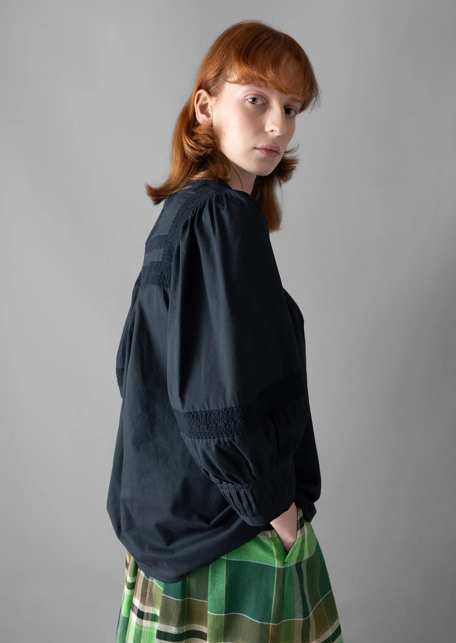Gathered Sleeve Embroidered Cotton Shirt | Slate Navy sold by TOAST product image thumbnail 2
