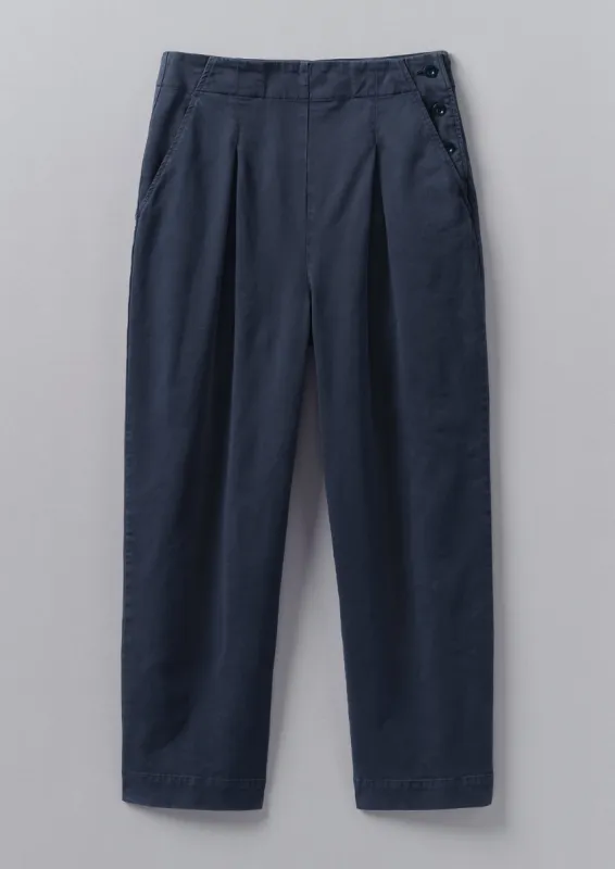 Cotton Twill Side Button Trousers | Liquorice Navy sold by TOAST