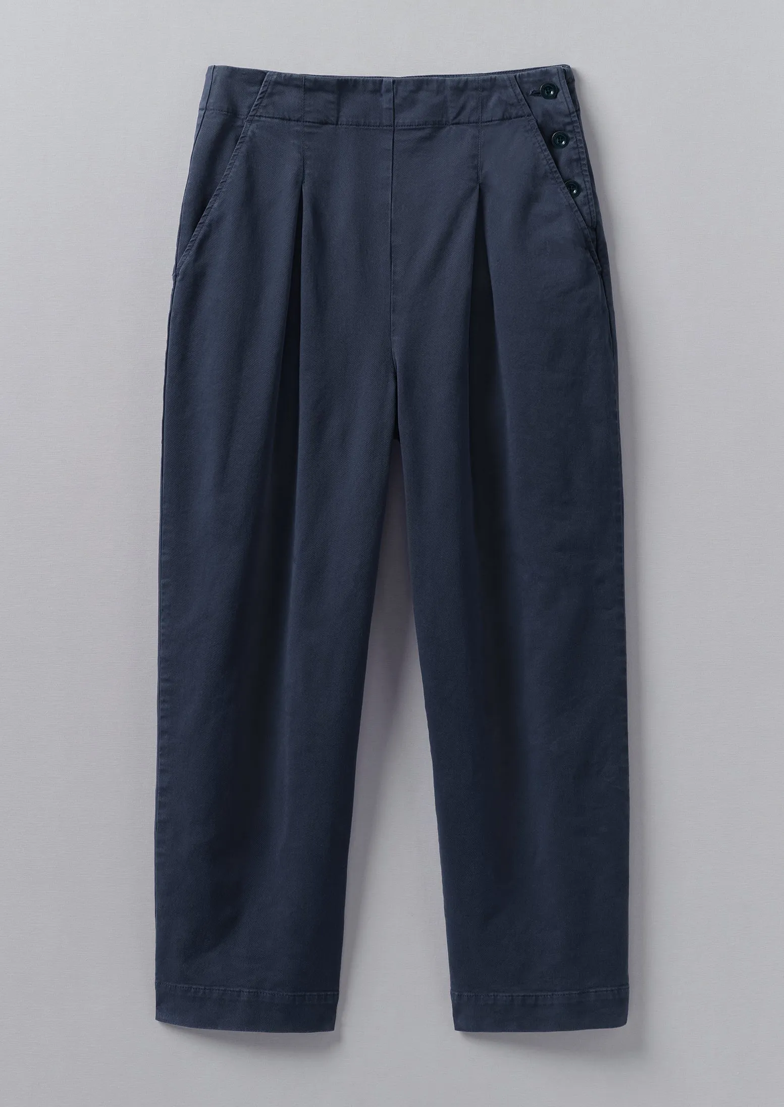 Cotton Twill Side Button Trousers | Liquorice Navy sold by TOAST