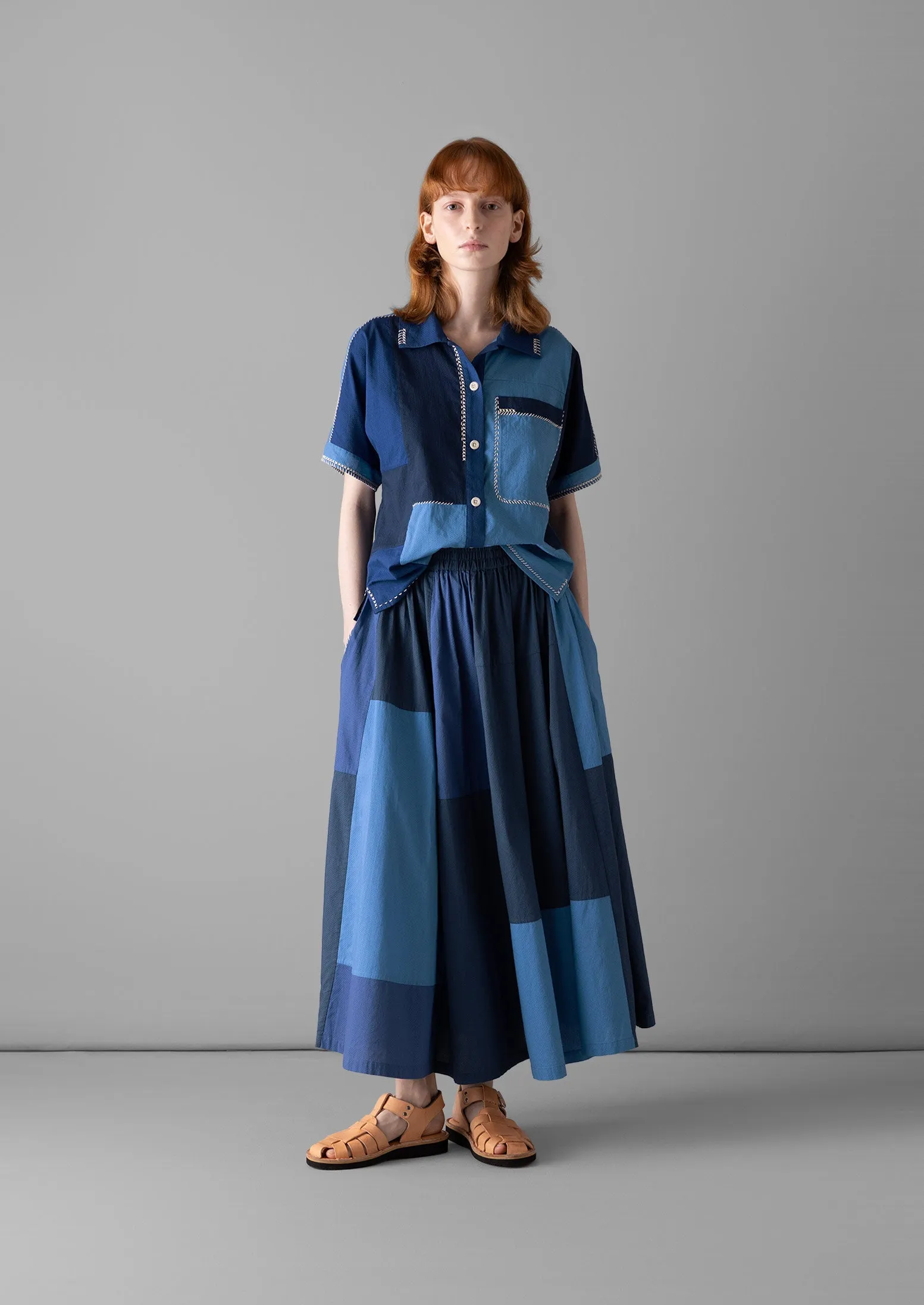 Cotton Gathered Patchwork Skirt | Mixed Blues sold by TOAST product image thumbnail 5