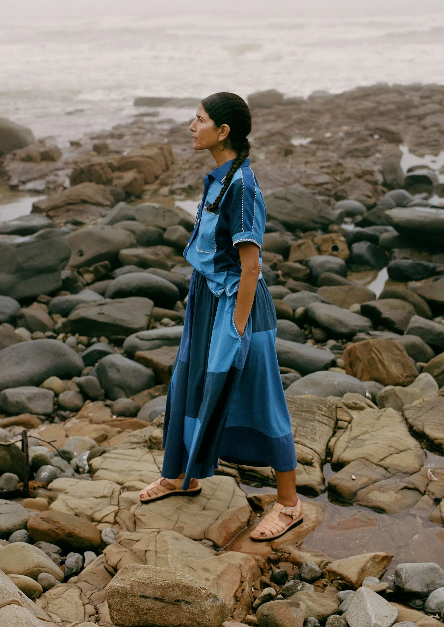 Cotton Gathered Patchwork Skirt | Mixed Blues sold by TOAST product image thumbnail 3