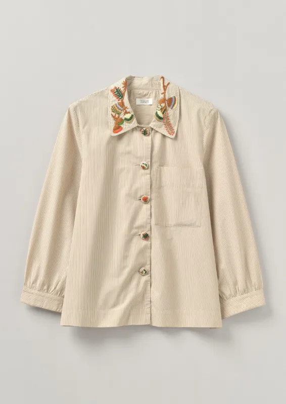 Embroidered Collar Stripe Cotton Shirt | Oyster Grey/Birch sold by TOAST
