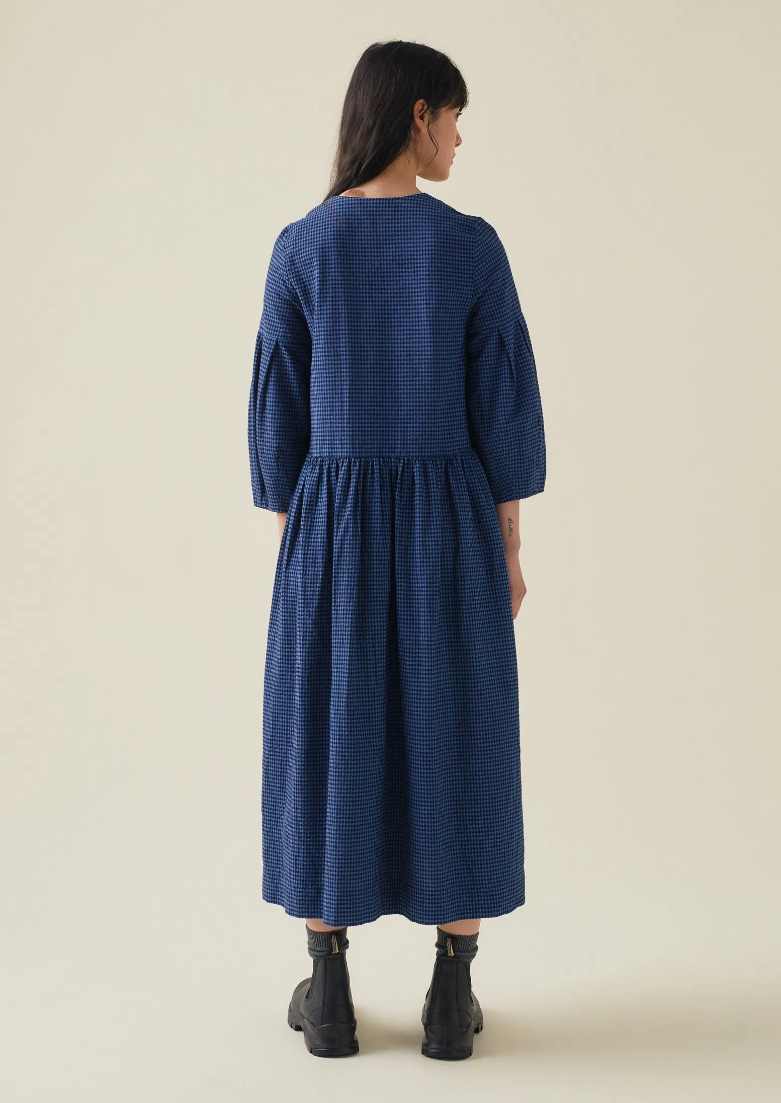 Cross Front Gingham Seersucker Dress | Navy | Parallel