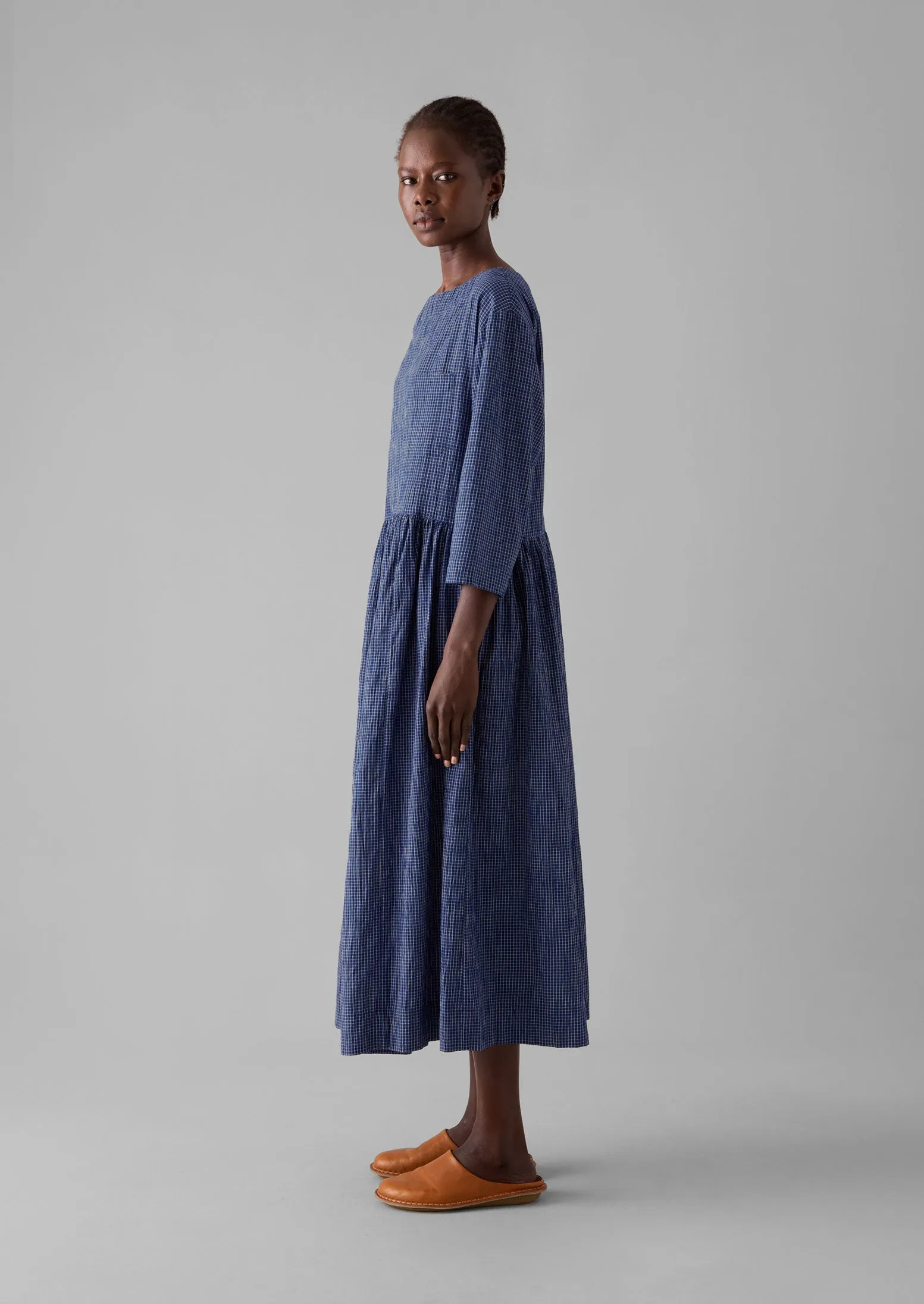 Check Crinkle Cotton Boat Neck Dress | Cobalt sold by TOAST product image thumbnail 3
