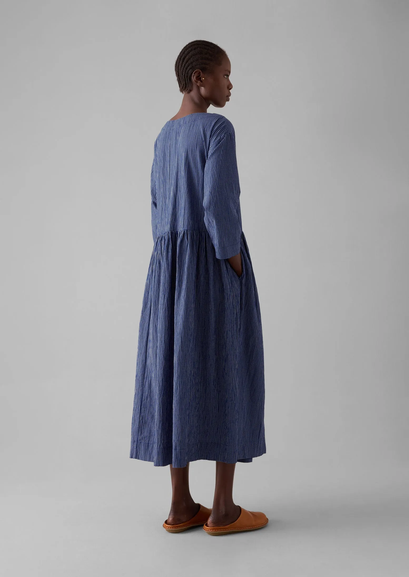 Check Crinkle Cotton Boat Neck Dress | Cobalt sold by TOAST product image thumbnail 4