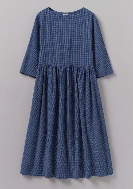 Check Crinkle Cotton Boat Neck Dress | Cobalt sold by TOAST