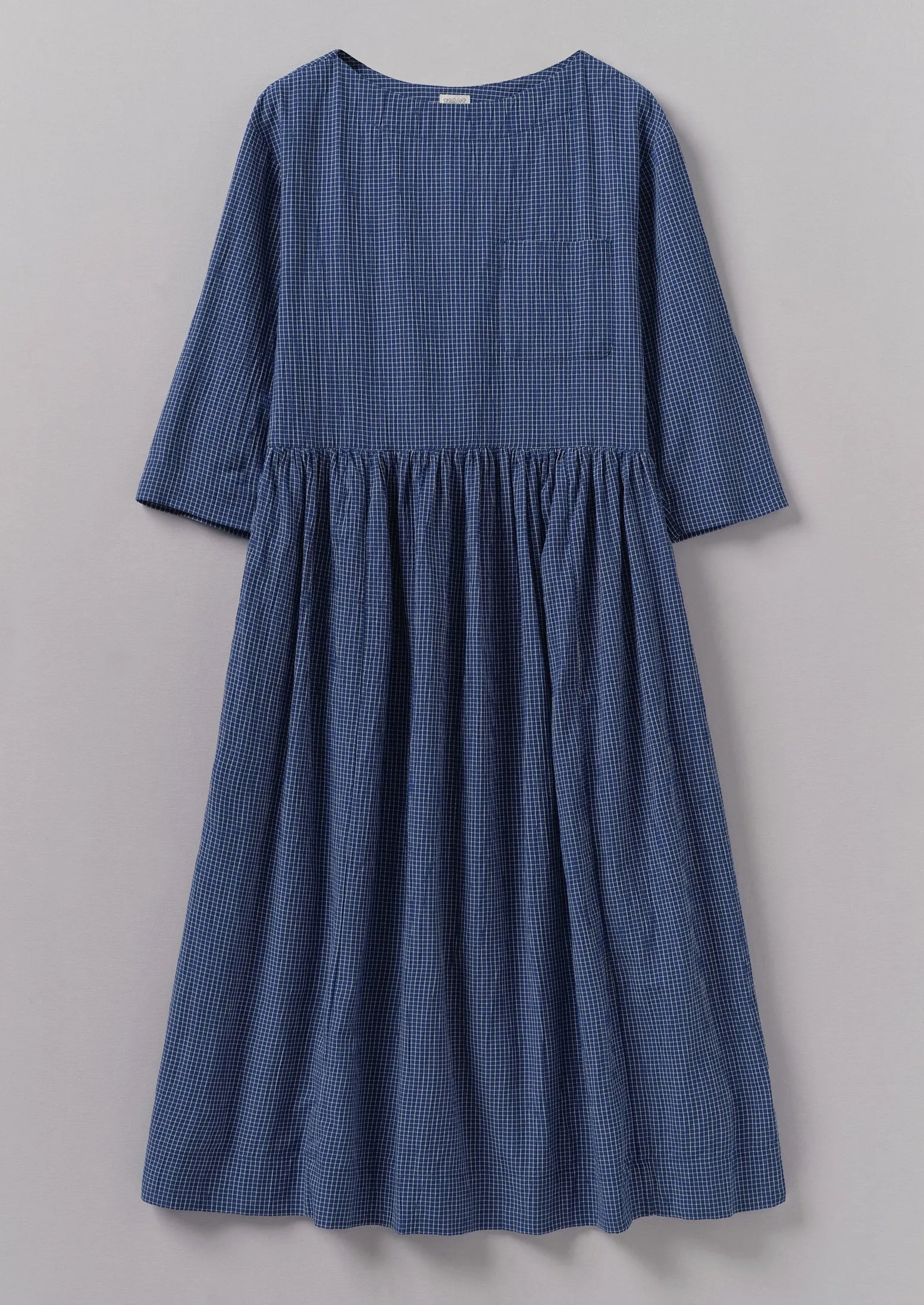 Check Crinkle Cotton Boat Neck Dress | Cobalt sold by TOAST