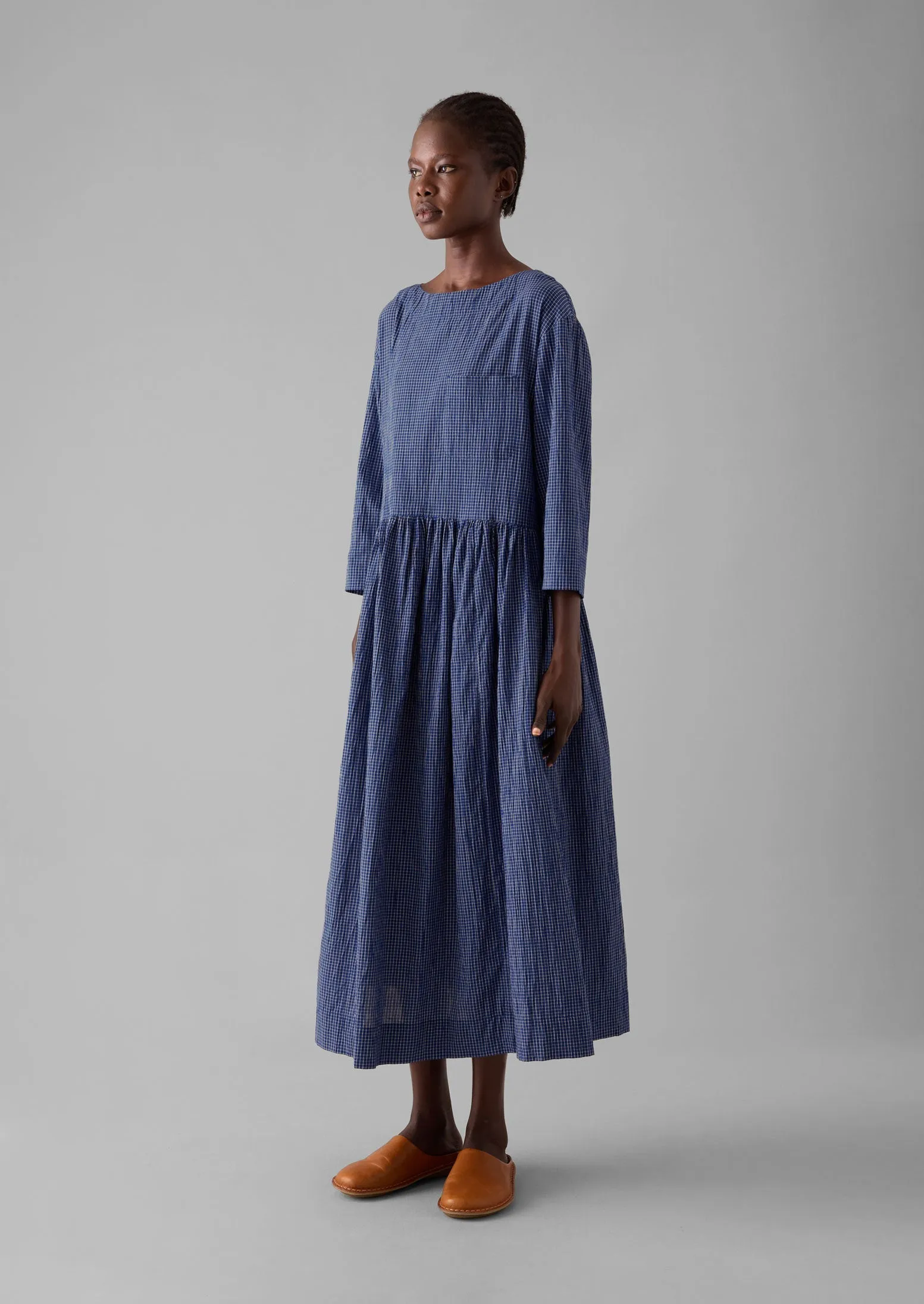 Check Crinkle Cotton Boat Neck Dress | Cobalt sold by TOAST product image thumbnail 2