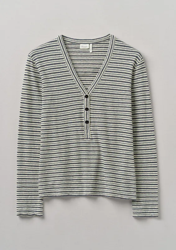 Half Placket Stripe Cotton Linen Tee | Slate/Natural sold by TOAST