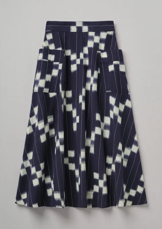 Flared Check Ikat Skirt | Denim Blue/Ecru sold by TOAST