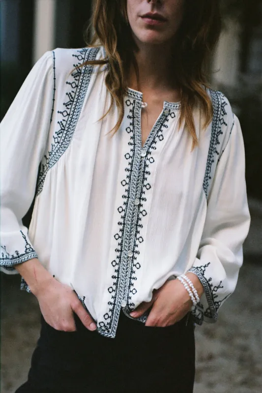 CHRISSY NOVELTY BLOUSE CREAM BLACK EMBROIDERY sold by Another Love Clothing