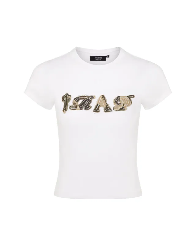 Women's Script Distressed Camo Applique Baby Tee - Khaki sold by Trapstar London