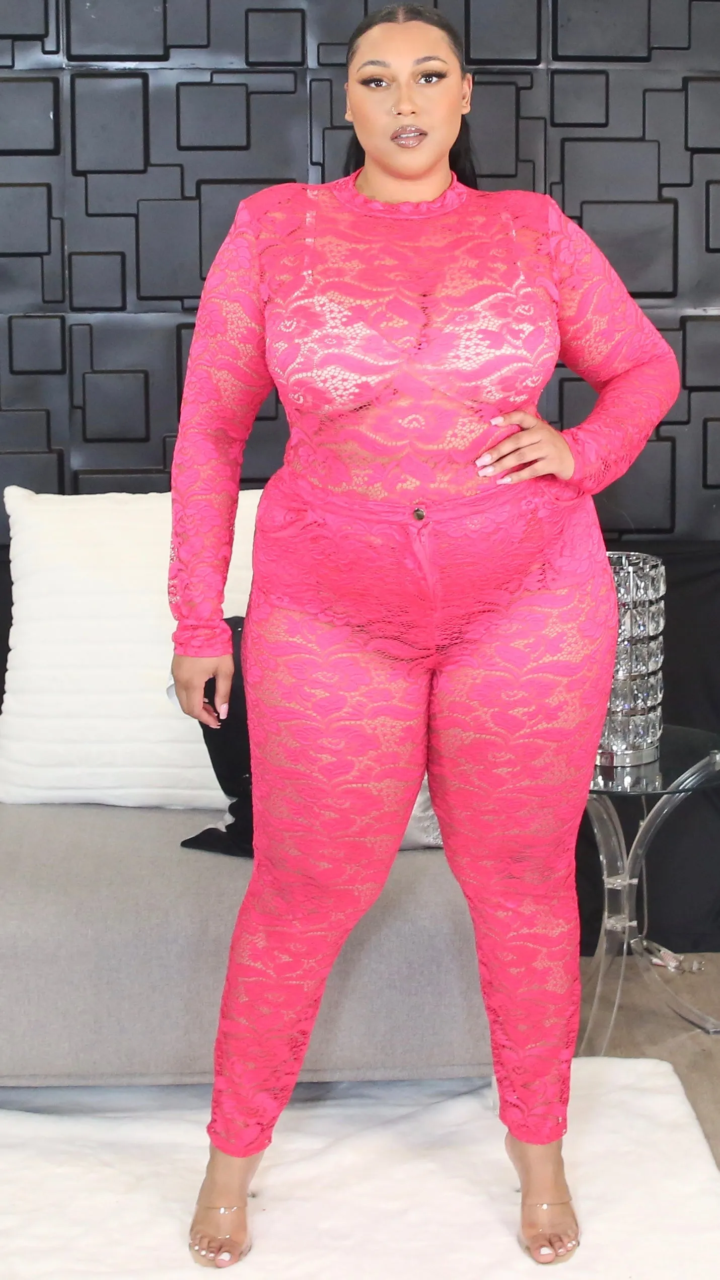 Laid Lace 2Pcs Pant Set (Pink) sold by Boughie Curves