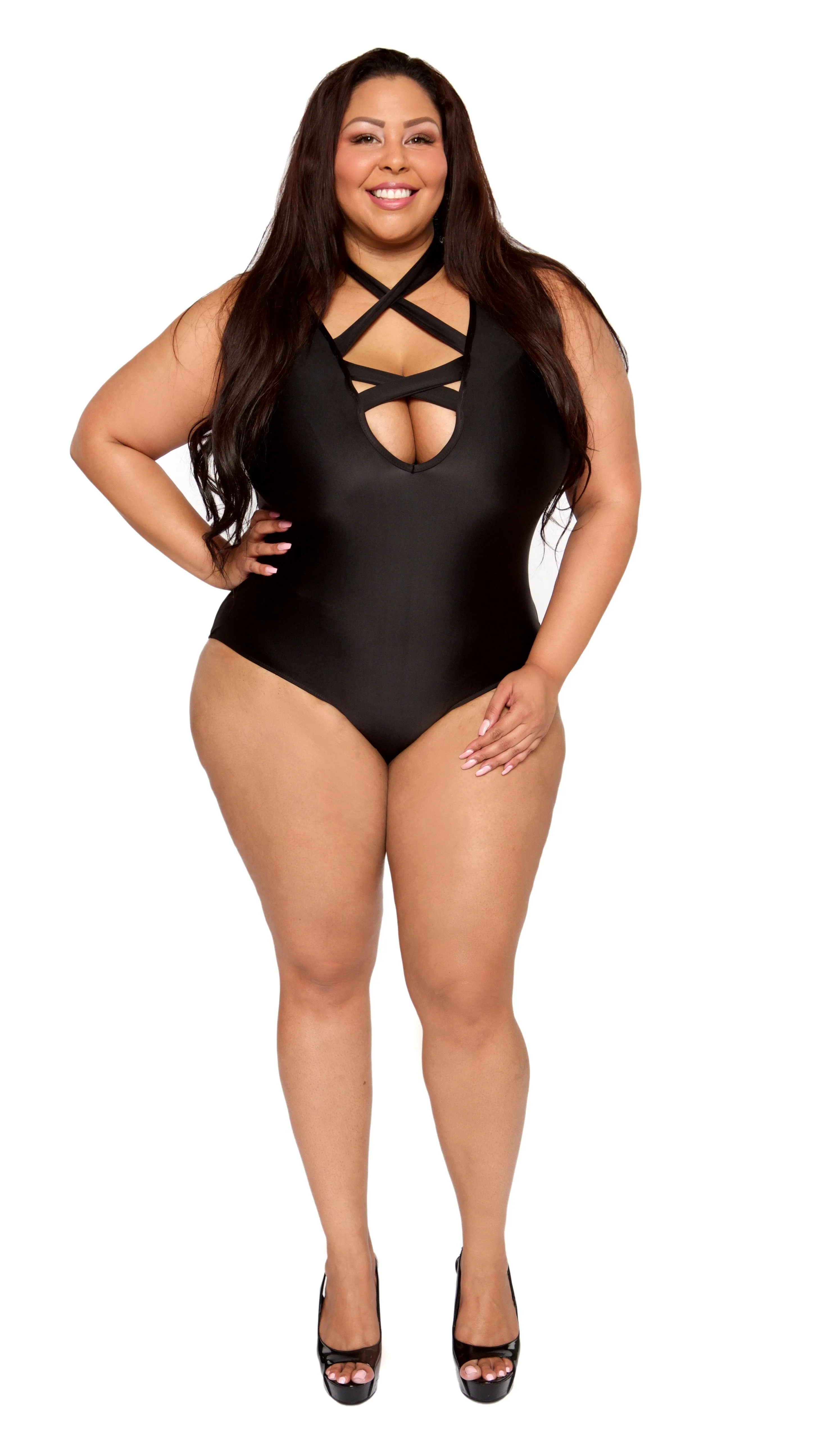 The Strap Trap Bodysuit (Black) sold by Boughie Curves