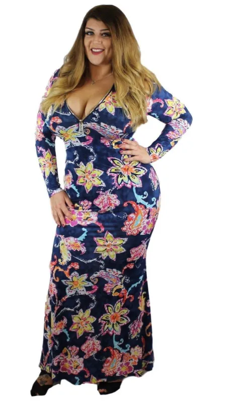 Goddess Maxi Dress (Navy Print) sold by Boughie Curves