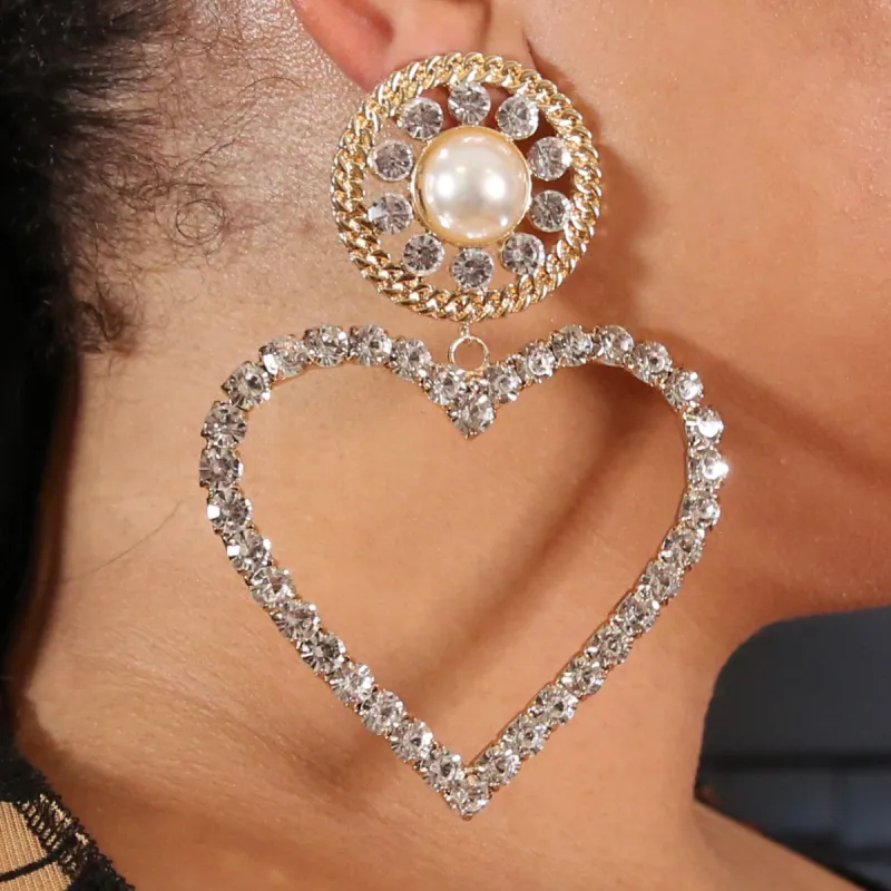 For The Love Of It Pearl/Rhinestone Heart Earrings sold by Boughie Curves