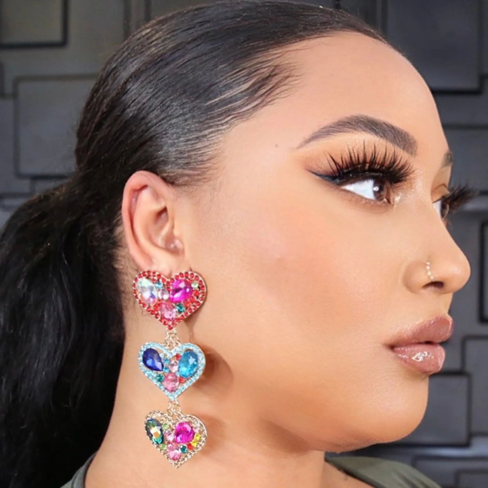 Triple Threat Rhinestone Heart Earrings (Multi) sold by Boughie Curves product image thumbnail 2