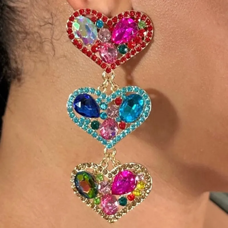 Triple Threat Rhinestone Heart Earrings (Multi) sold by Boughie Curves