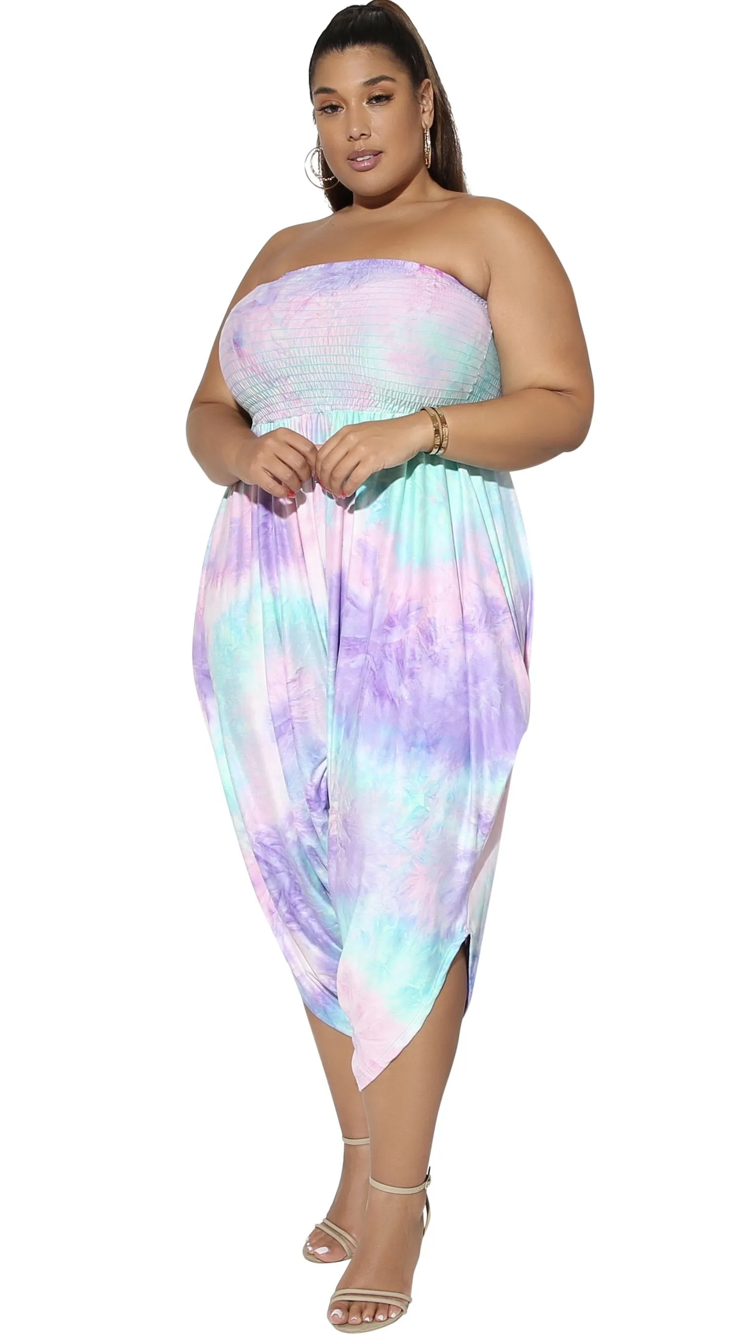 See Me Harem Romper (Pink/Purple/Aqua Tie Dye) sold by Boughie Curves