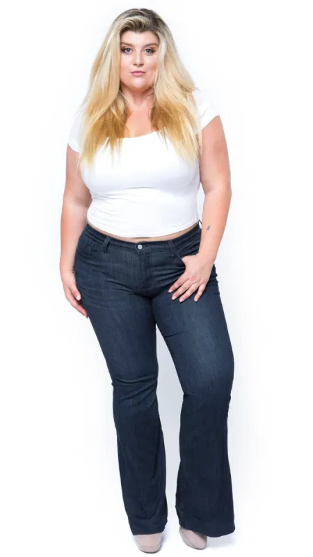 Fly Flare Denim Jeans (Dark Blue) sold by Boughie Curves
