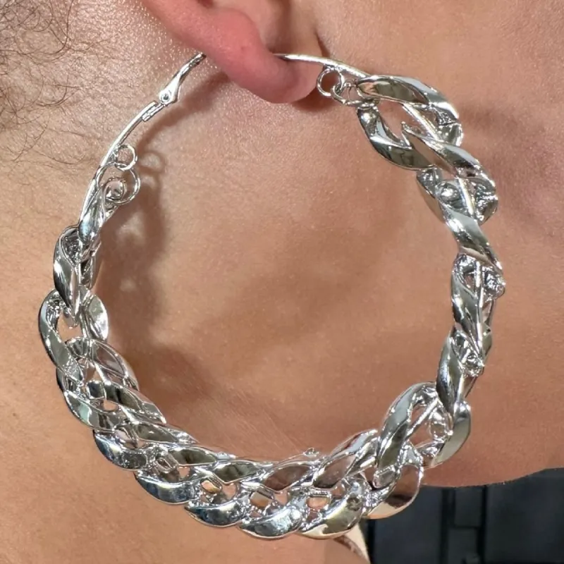 Fly Girl Large Chain Hoop Earrings (Silver) sold by Boughie Curves
